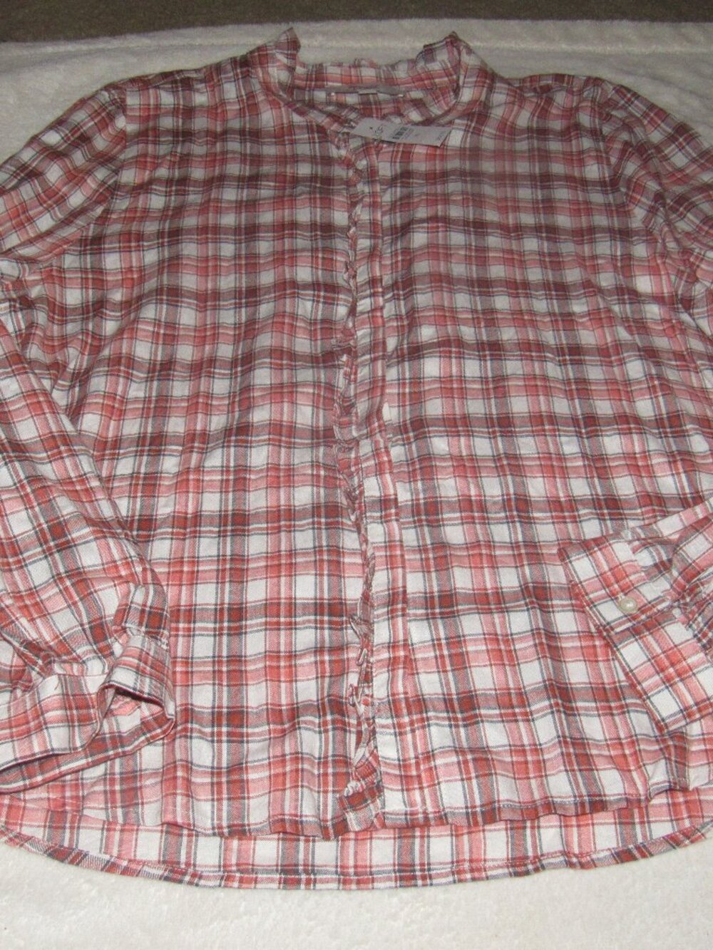 LOFT high neck button up shirt Plaid delicate ruffle Trim NWT XL